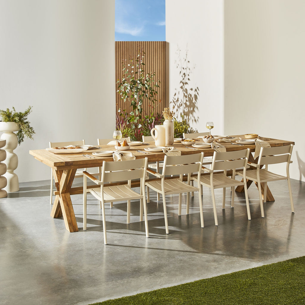 Reclaimed Teak Cross Leg Solid Timber Dining Table Natural 320cm