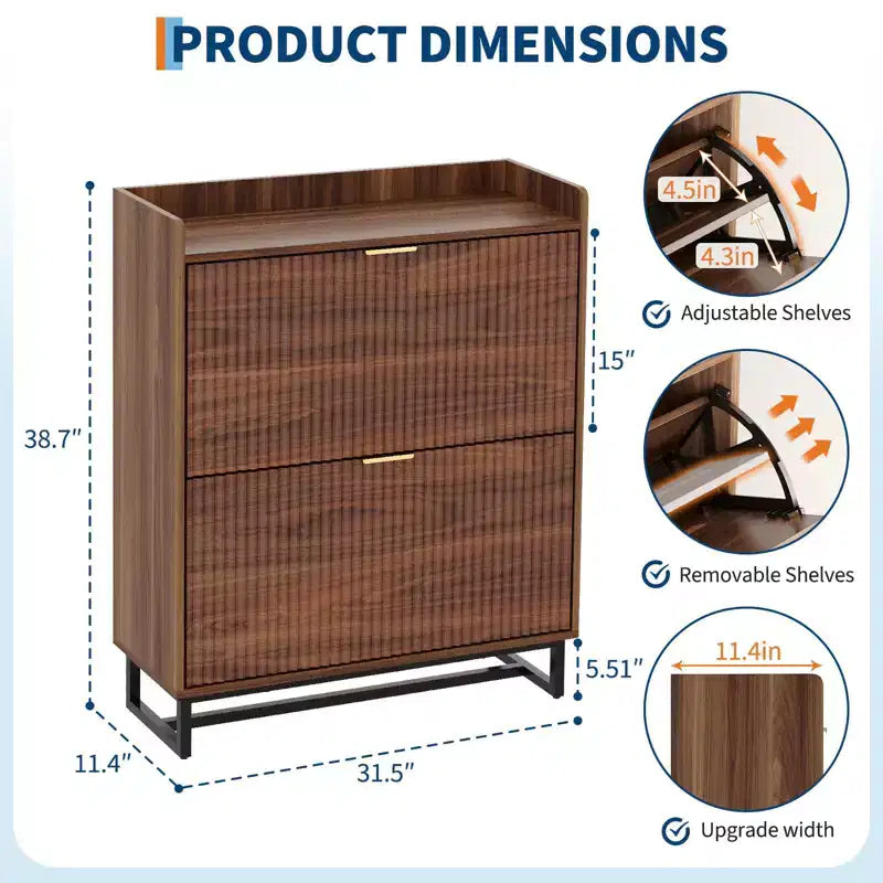 Meuble à chaussures cannelé en noyer avec 2 tiroirs basculants. Organiseur de chaussures dissimulé pour l'entrée ou le couloir