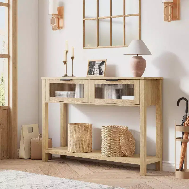 Console en bois rustique avec 2 tiroirs en verre - Table d'appoint étroite à 2 niveaux pour canapé - Étagère de rangement ouverte pour salon, couloir, hall d'entrée, cuisine, bureau