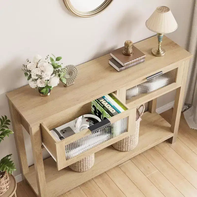 Console en bois rustique avec 2 tiroirs en verre - Table d'appoint étroite à 2 niveaux pour canapé - Étagère de rangement ouverte pour salon, couloir, hall d'entrée, cuisine, bureau