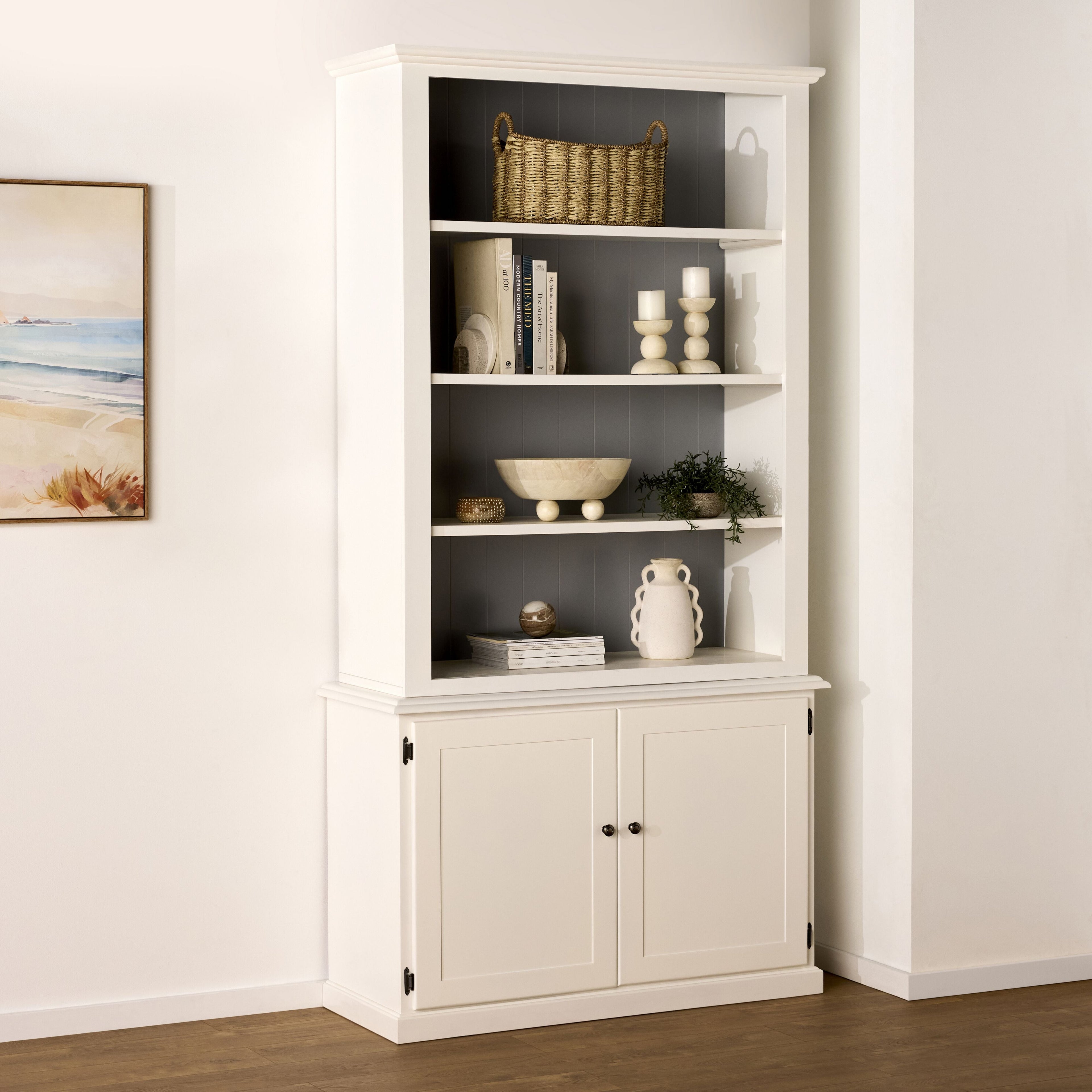 Armand Hamptons Timber 2 Door Library Shelving Unit White 124x240cm