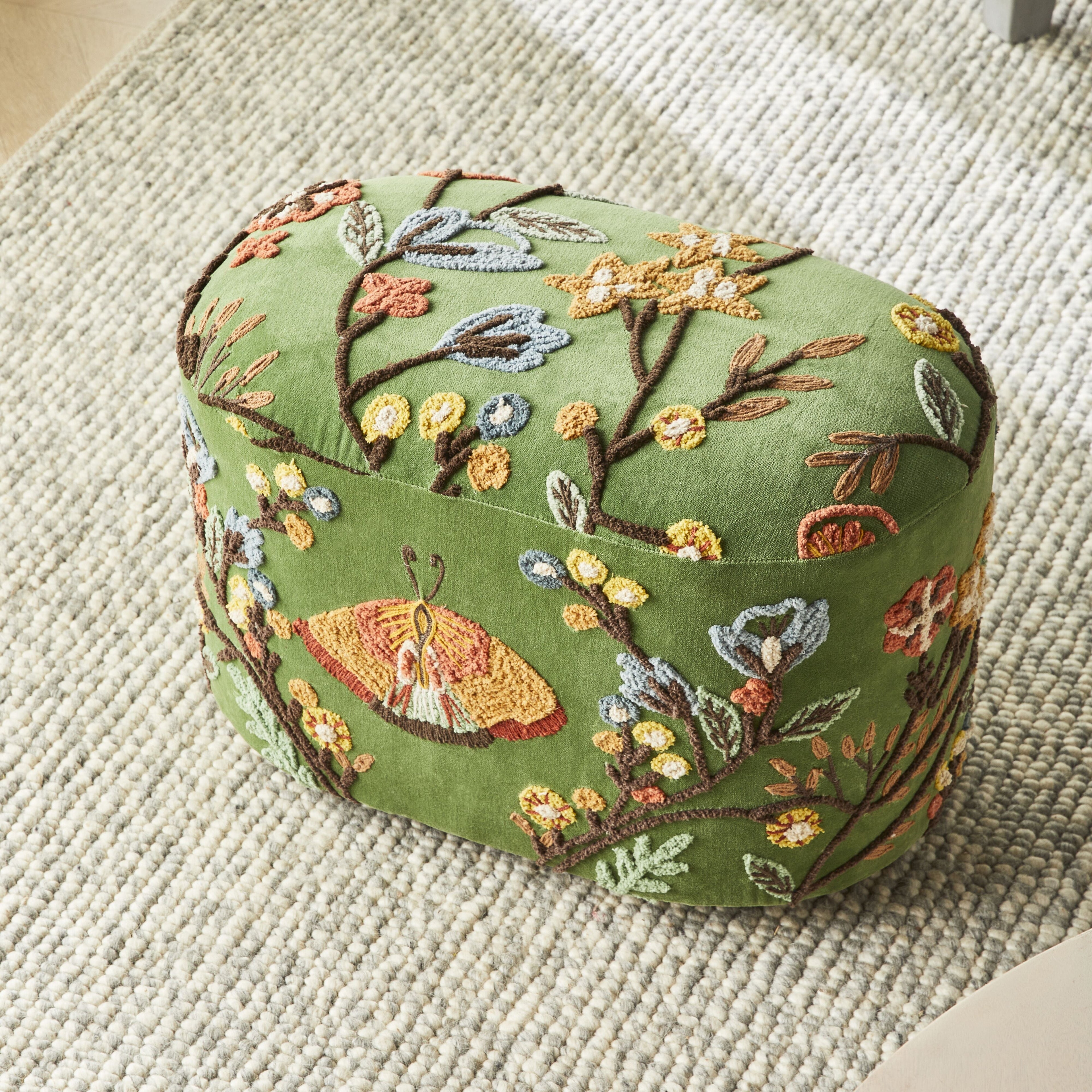 Freya Embroidered Ottoman Green Velvet
