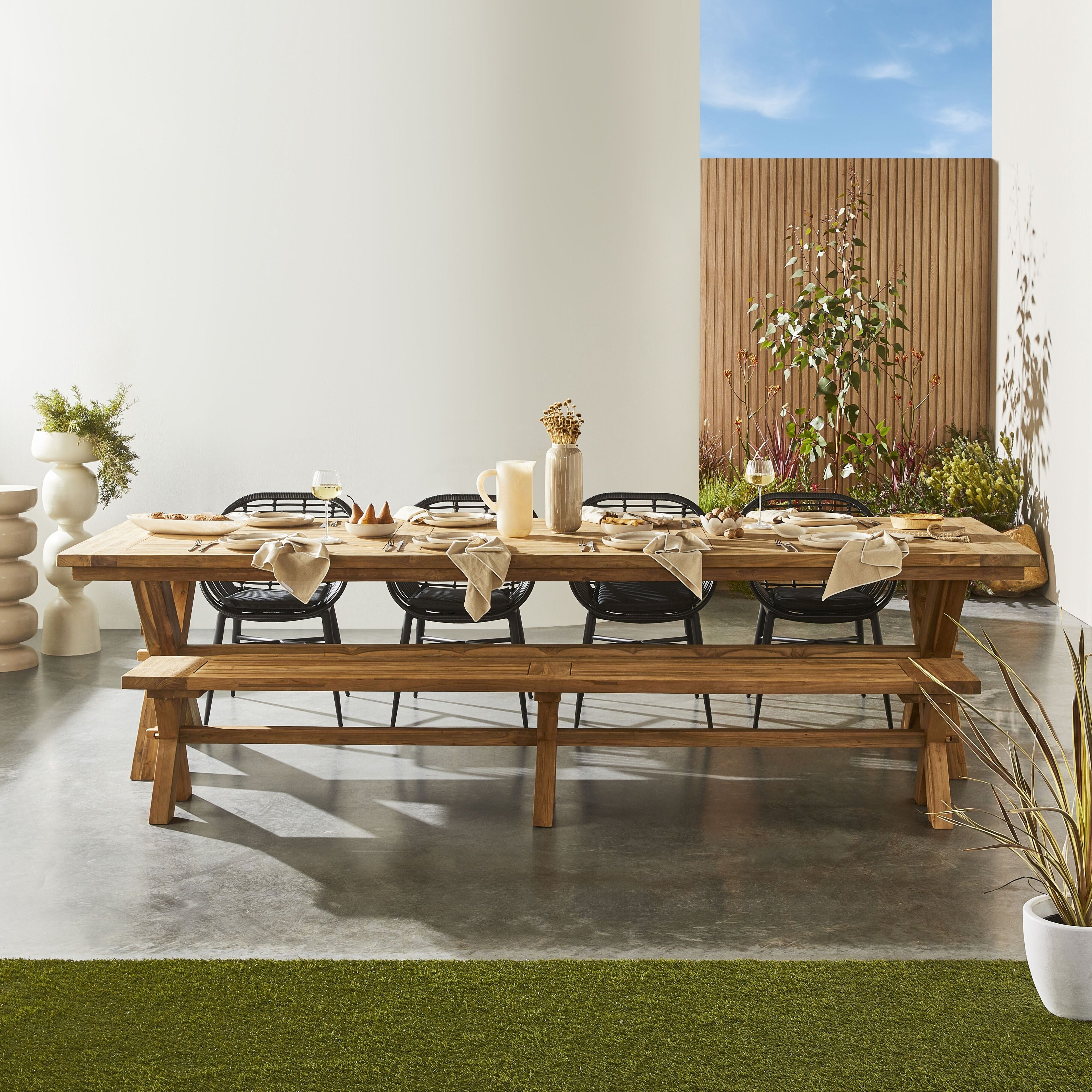 Reclaimed Teak Cross Leg Solid Timber Dining Table Natural 320cm