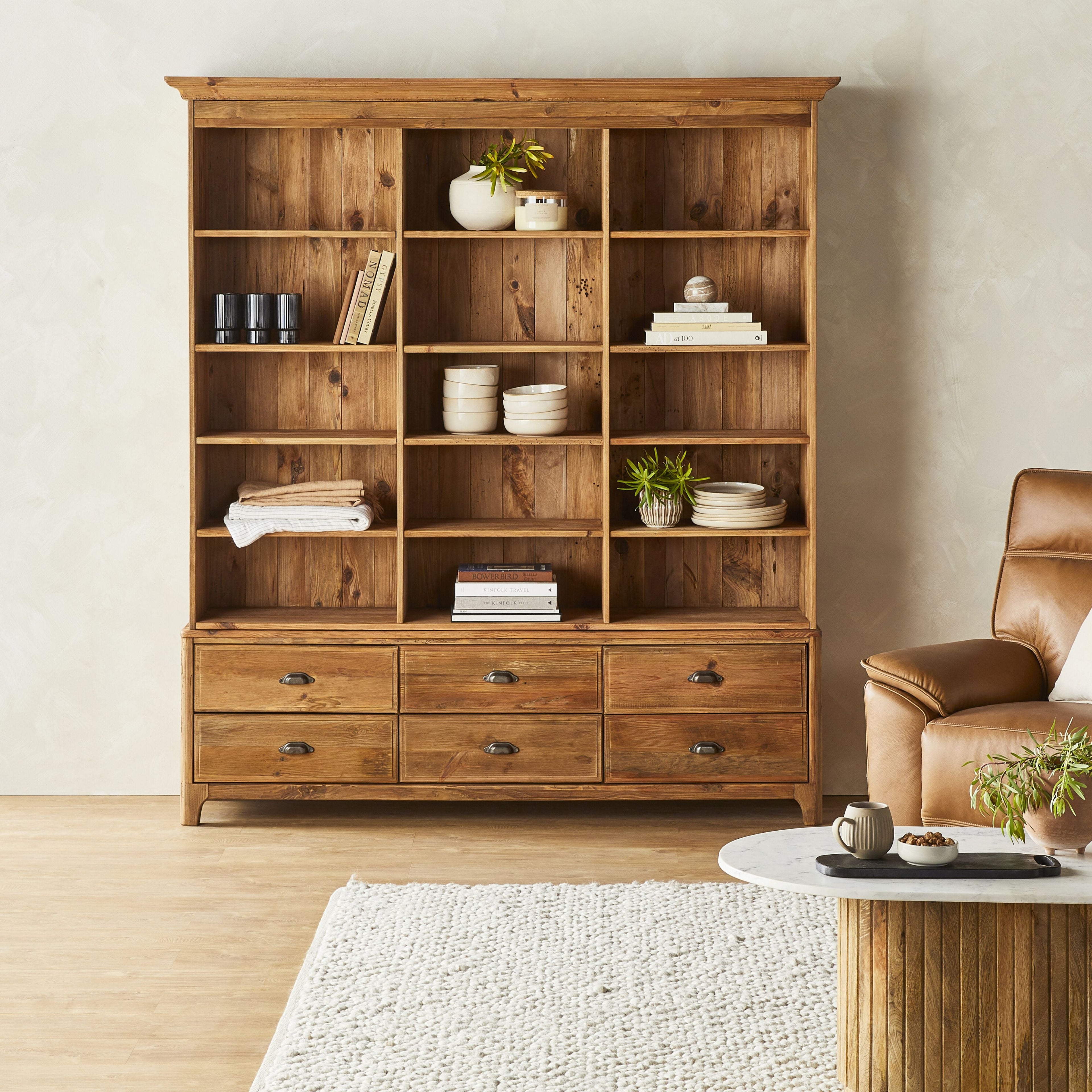 Kalise Reclaimed Timber 6 Drawer Library Shelving Unit Vintage Brown