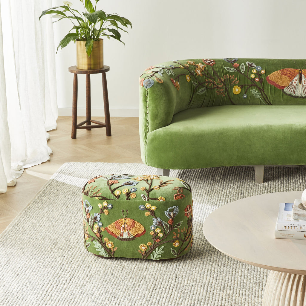 Freya Embroidered Ottoman Green Velvet