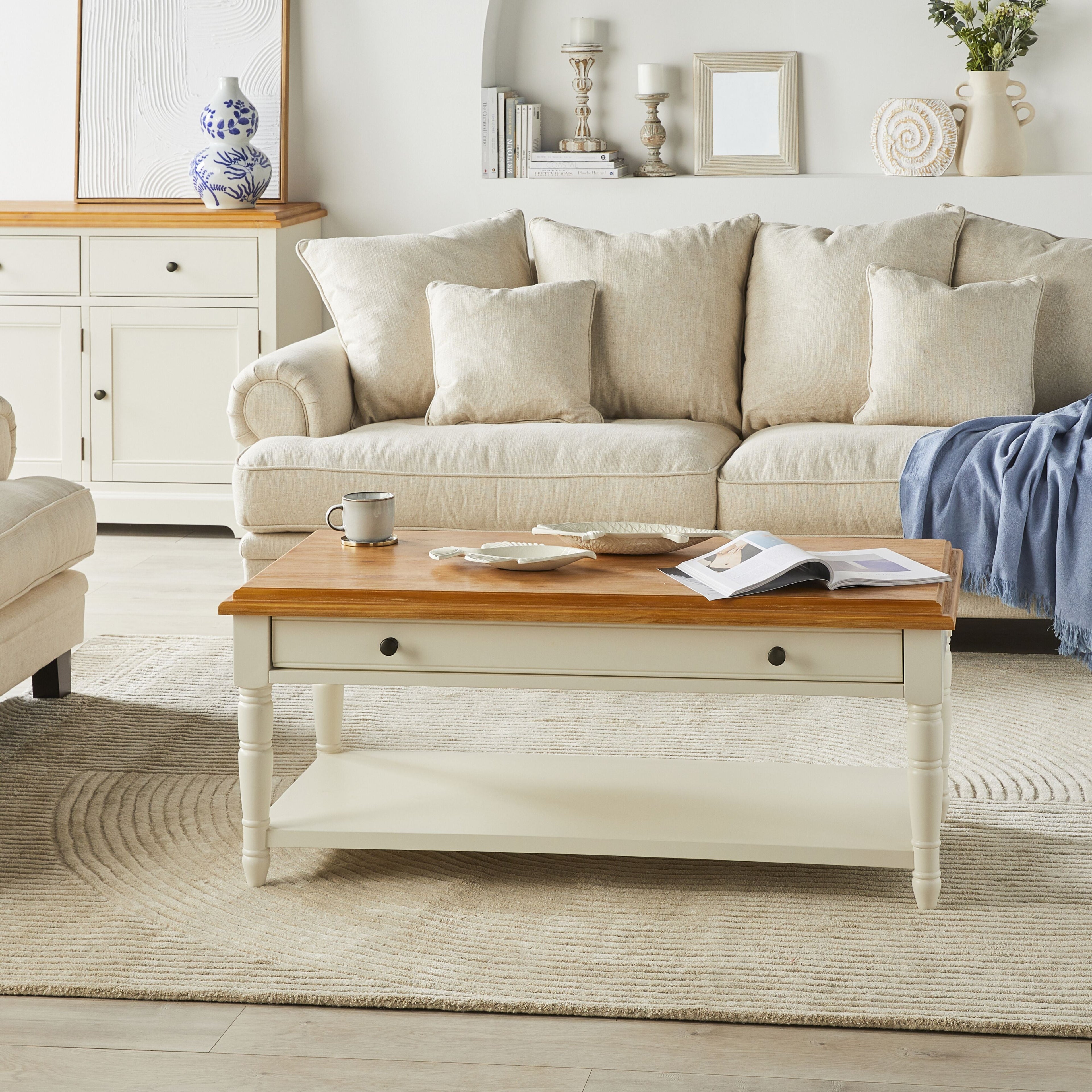 Clover 1 Drawer Solid Timber Coffee Table White Natural