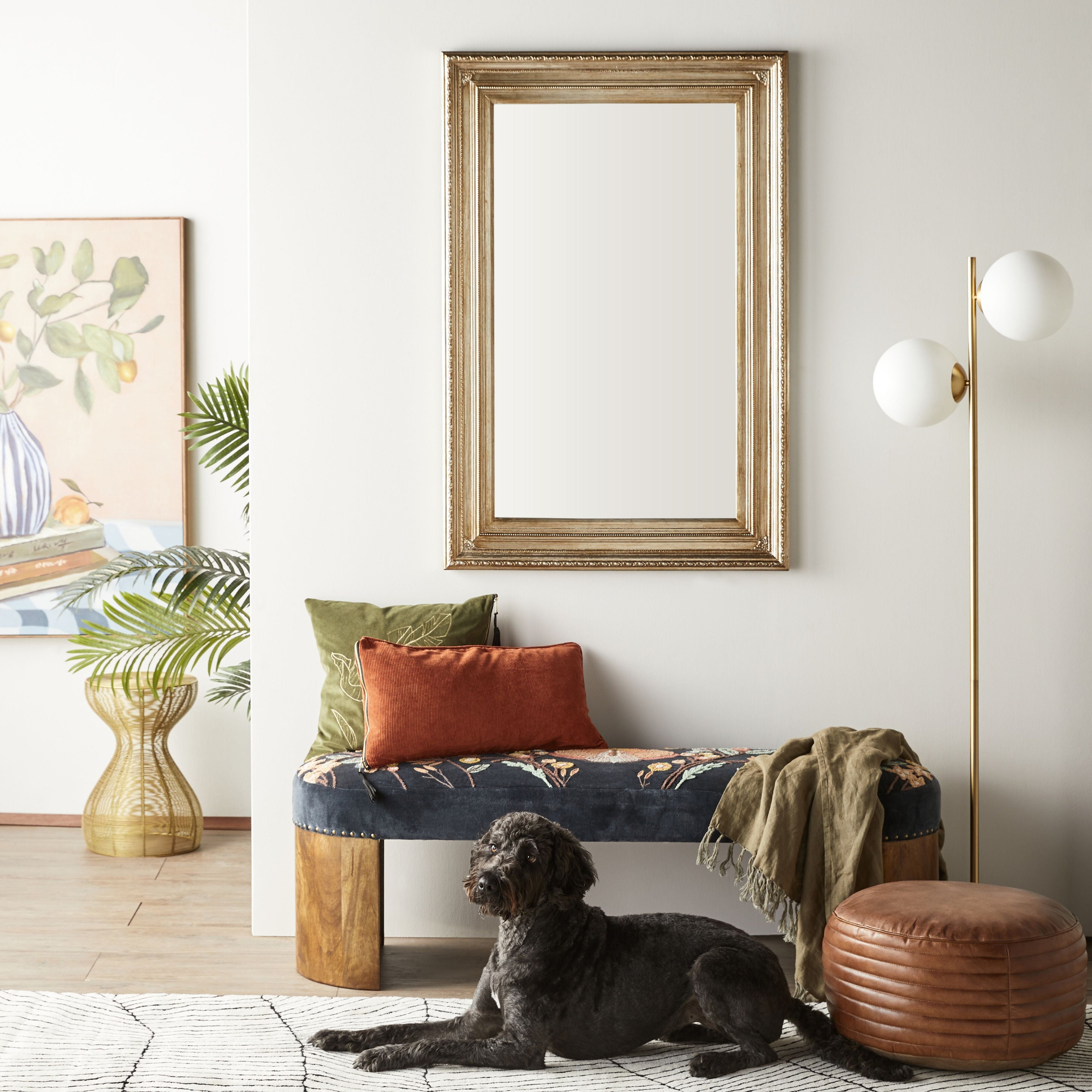 Freya Embroidered Bench Dark Blue Velvet