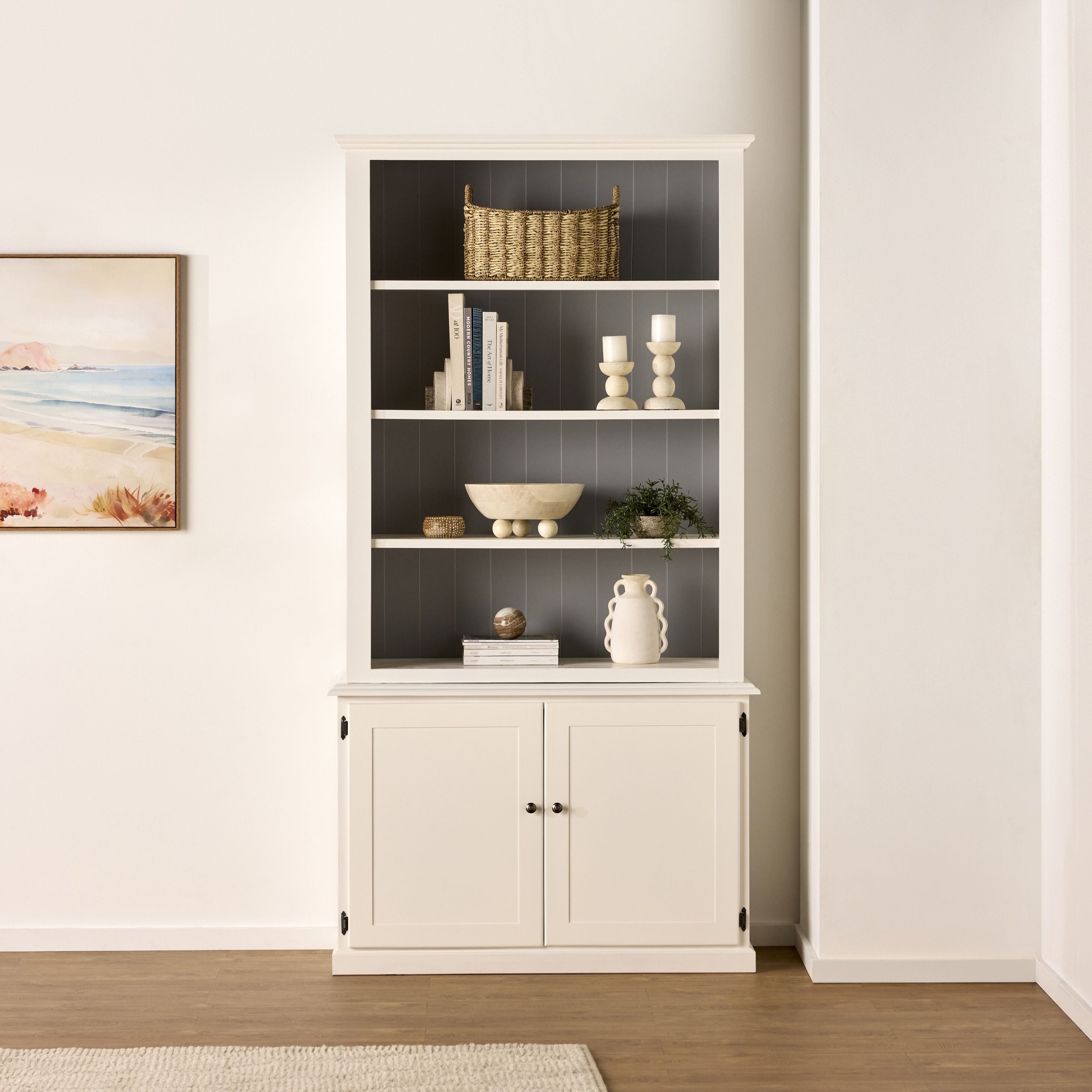 Armand Hamptons Timber 2 Door Library Shelving Unit White 124x240cm