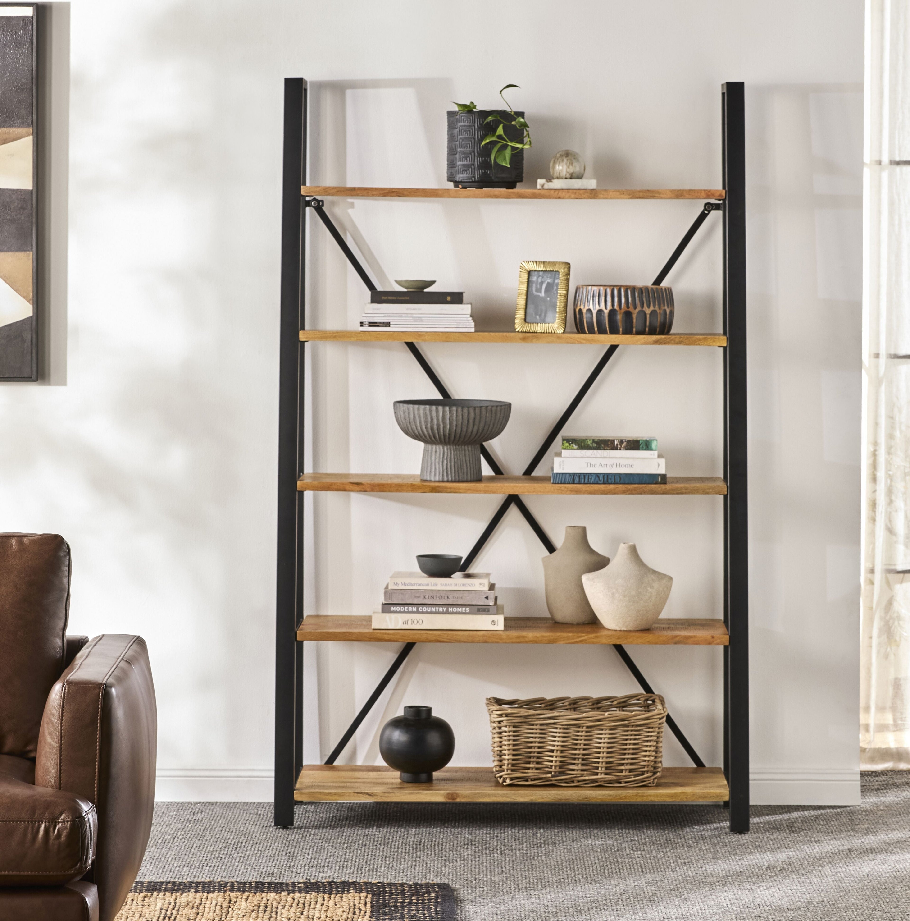 Fulham Mid Century Timber Large Ladder Shelving Unit Natural 193x121cm