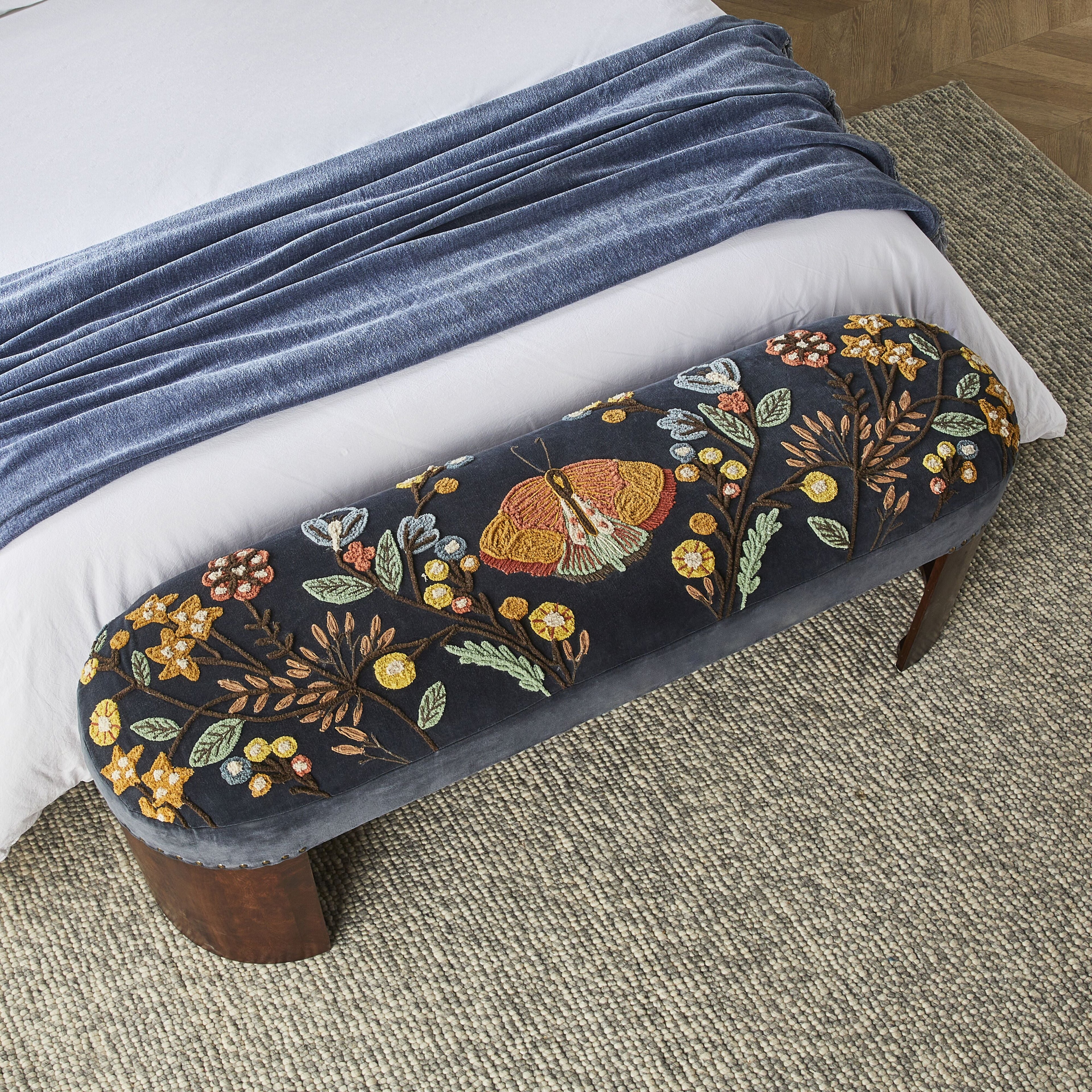 Freya Embroidered Bench Dark Blue Velvet
